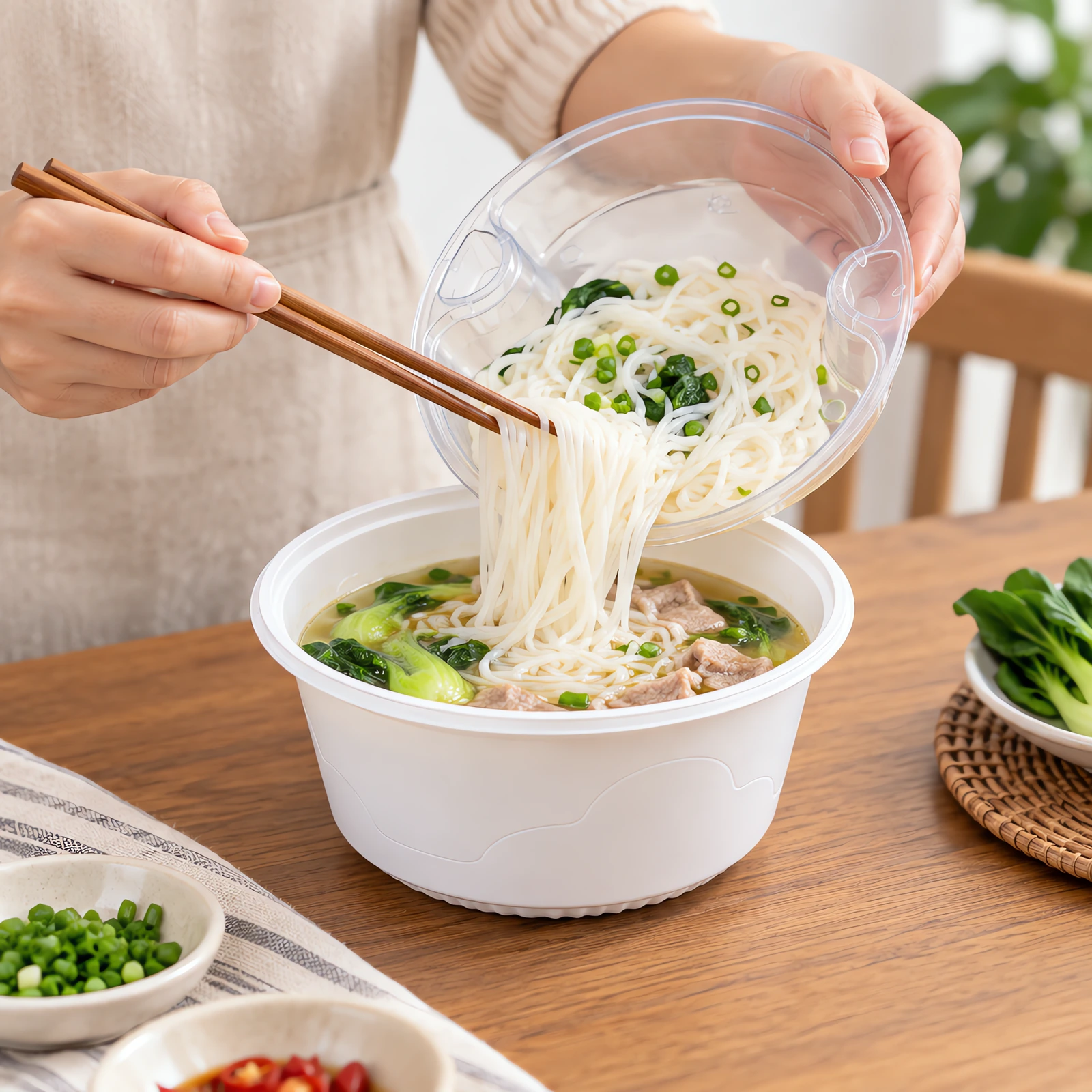 Noodles added to the broth at mealtime